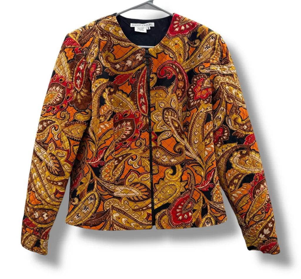 Maggy London 100% Silk Paisley Print Full Zip Jacket Sz 10 Tan, Brown, Orange - Image 1