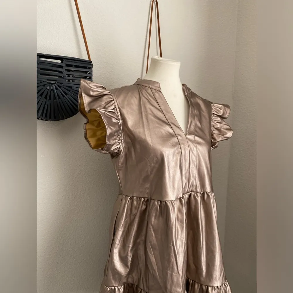 Entro Bronze Metallic Ruffle Sleeve Midi Dress, Size Medium - Image 2