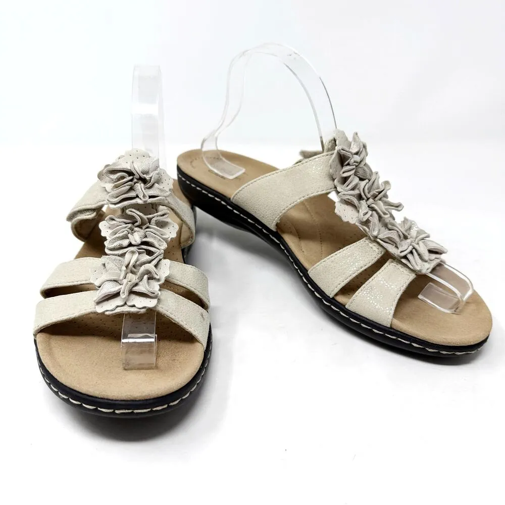 [Clarks] Cream Tan Leather Laurieann Judi Floral Comfort Sandals Hook & Loop 9 - Image 2