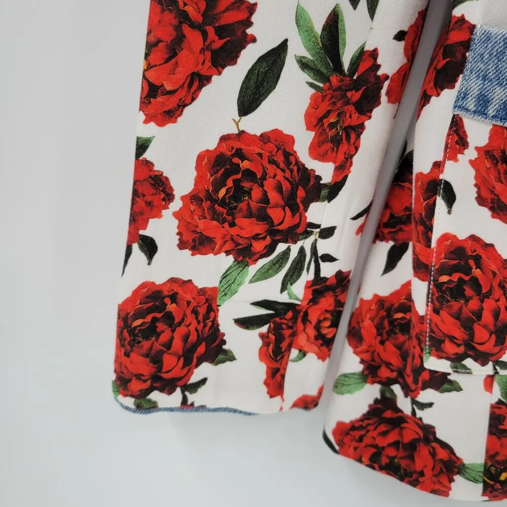 Alice + Olivia Womens Verna Floral Jacket XS-P White Red Rose Denim Lined Blazer - Image 13