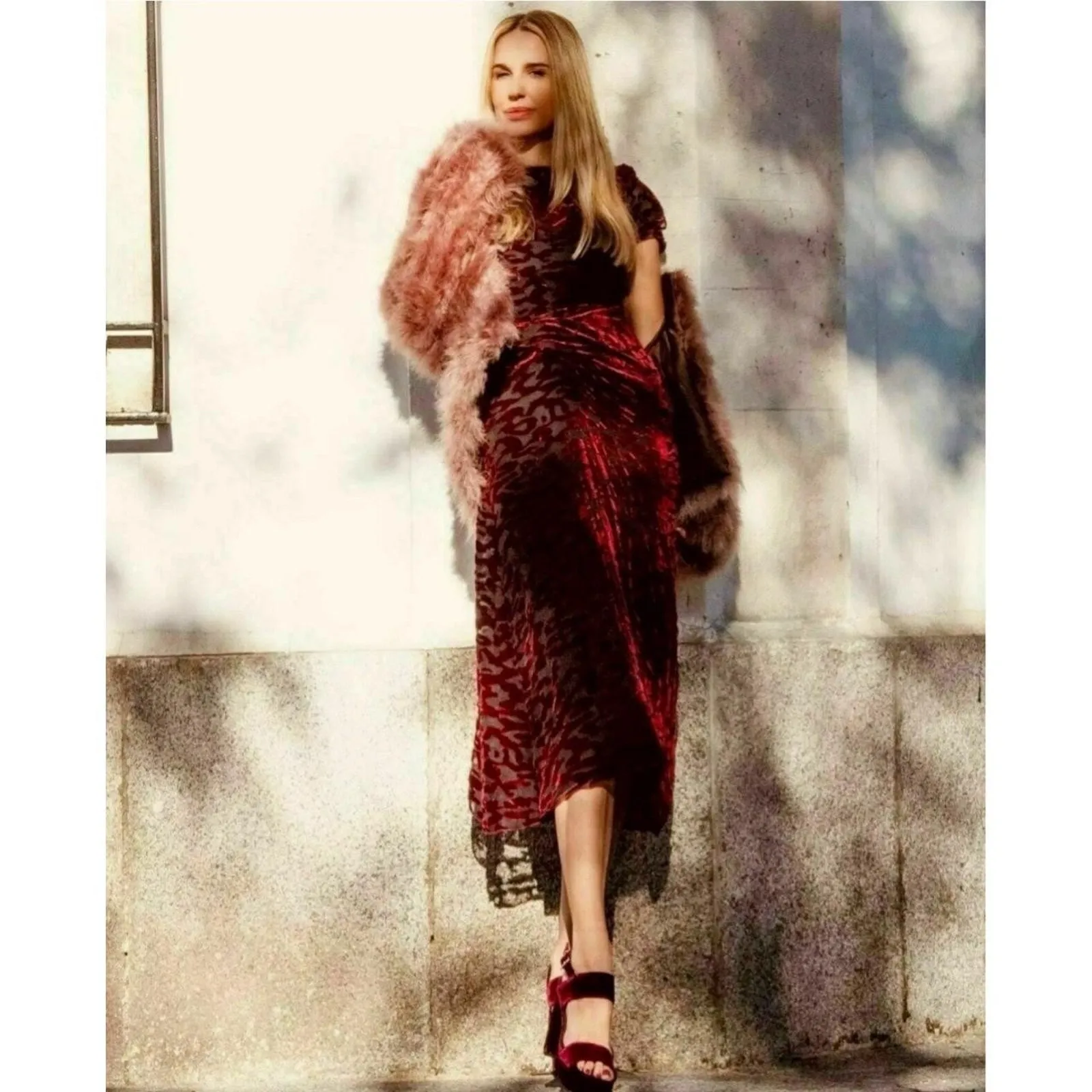 ZARA Womens Midi Dress XS Mulberry Velvet Burnout Ruched Draped Limited Edition - Image 4