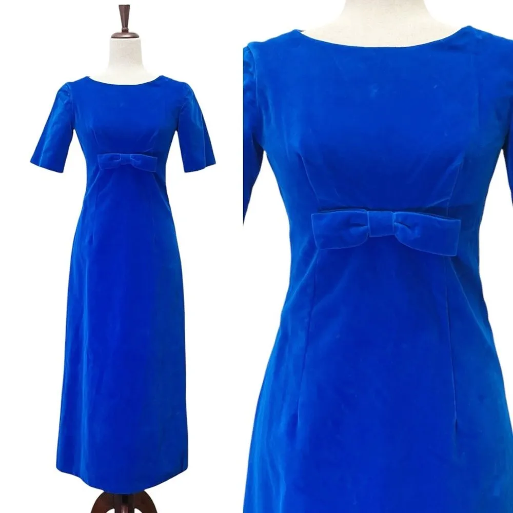 Vintage 1960s Handmade Royal Blue Velvet Dress Modern Size 0 Long Evening Gown - Image 2