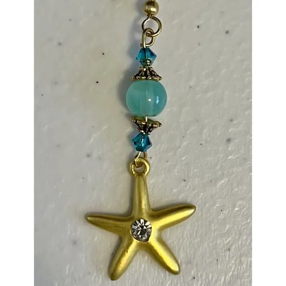 Glass & Crystal Turquoise Beads Starfish‎ Drop Dangle Earrings Gold Tone NEW Blue - Image 4