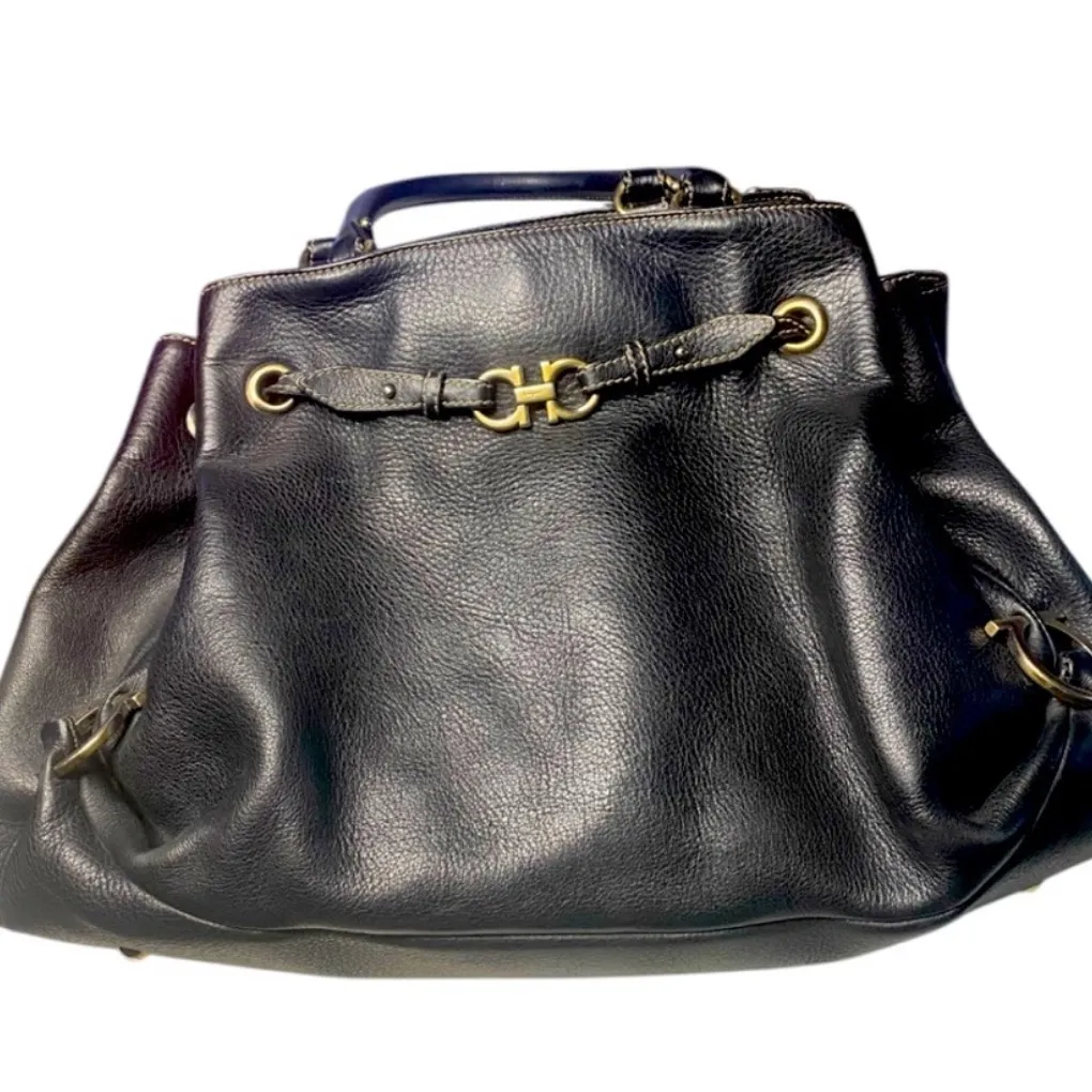 Salvatore Ferragamo Gancini Black Silver tone Hardware Leather Bag - Image 3