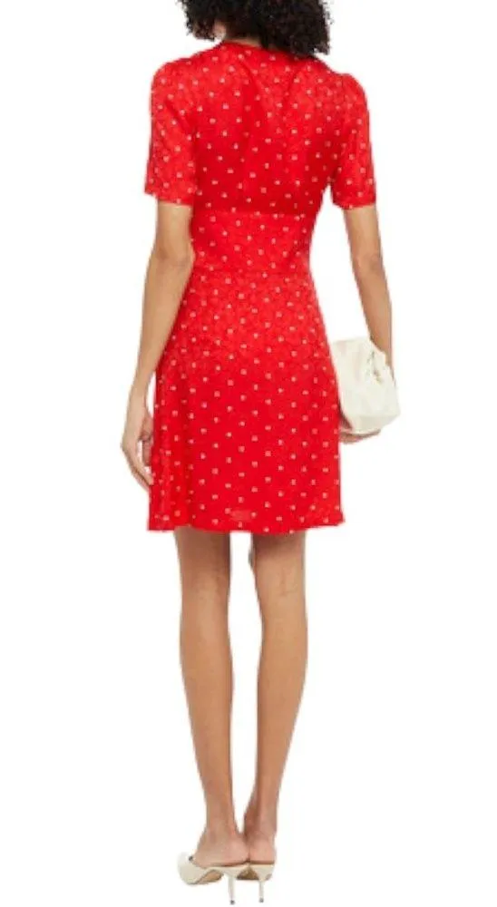MAJE Womens Red Ripia Twist-Front Polka-Dot Floral Jacquard Mini Dress Sz Small - Image 6