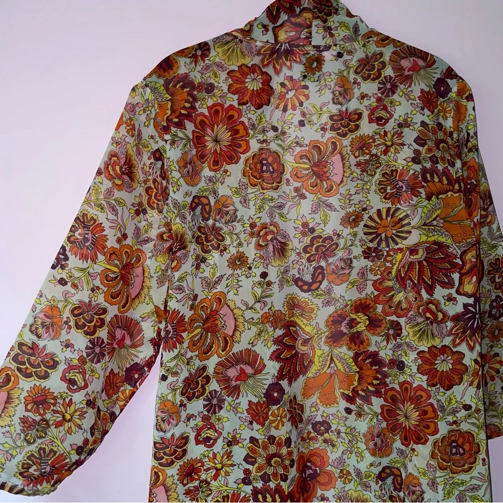 Peck & Peck M Cardigan Sheer Colorful Retro Floral Boho Open Front Longline - Image 6