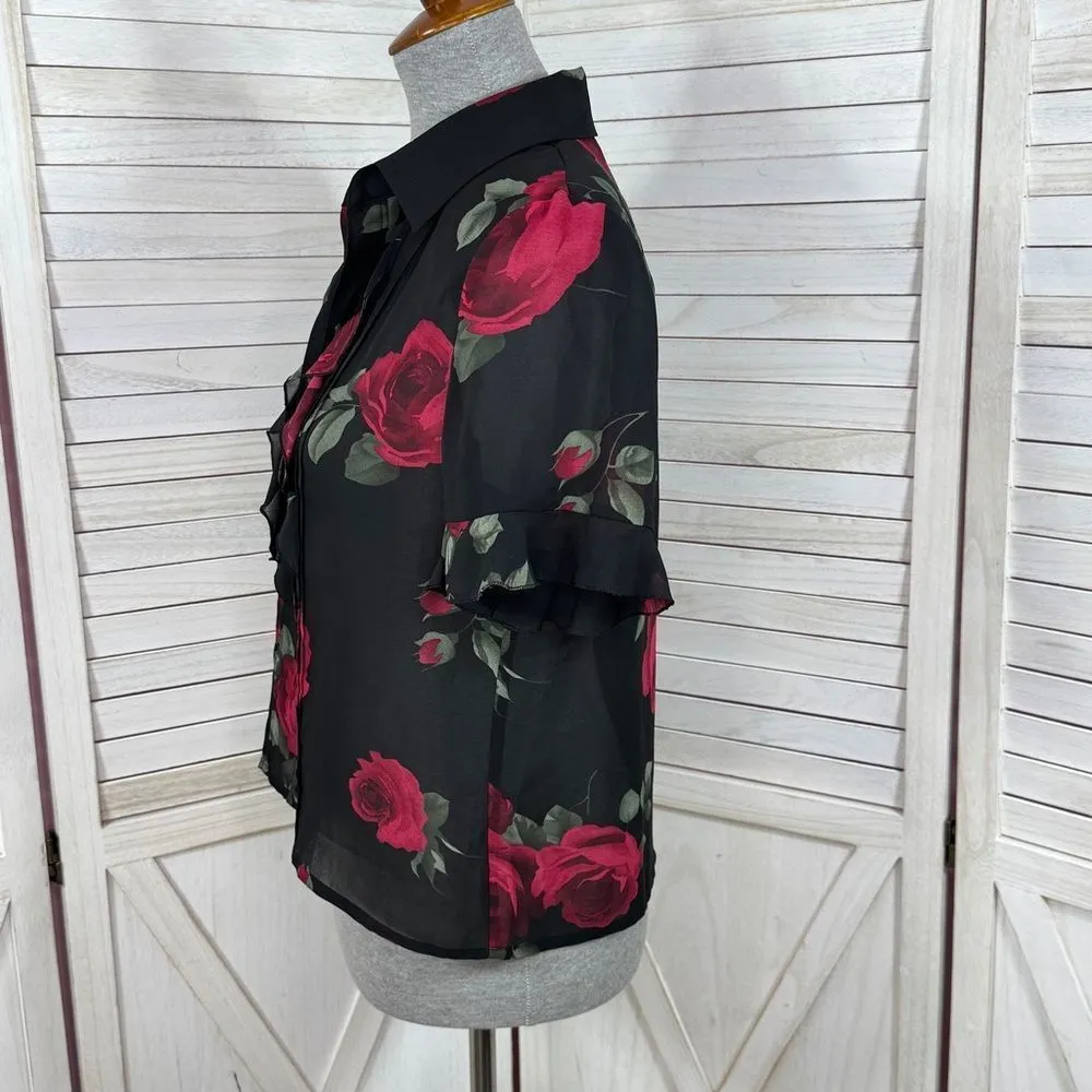 Studio I Sheer Ruffle‎ Trim Roses Floral Crop Y2K Blouse Black Red 8 Gothic Top - Image 2
