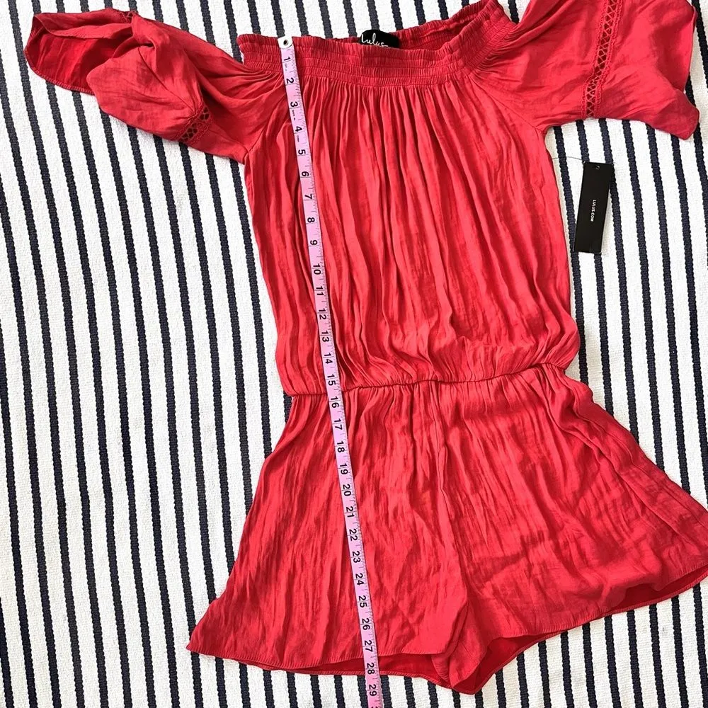 Lulus With Feeling Coral Red Off The Shoulder Romper XS - Image 9