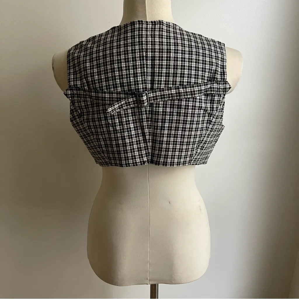 Deadstock Vintage 90s NWT Contempo Casuals Mini Vest Black White Plaid Medium - Image 4
