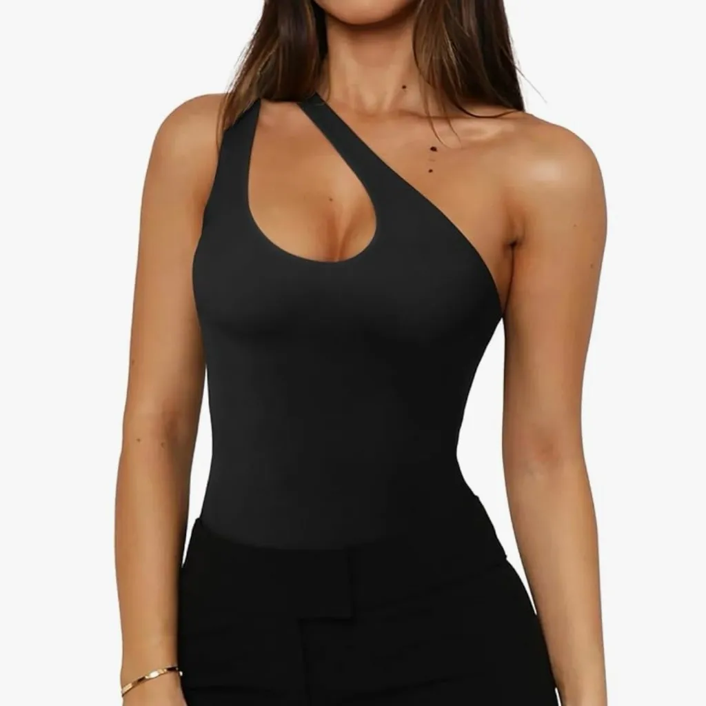 Double Strap One Shoulder Black Bodysuit Top Size M - Image 3