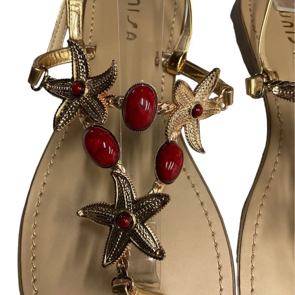 Unisa Women's Gold-Toned‎ Metal Starfish Sandals Size 8 Red Stone Beach Ocean - Image 4