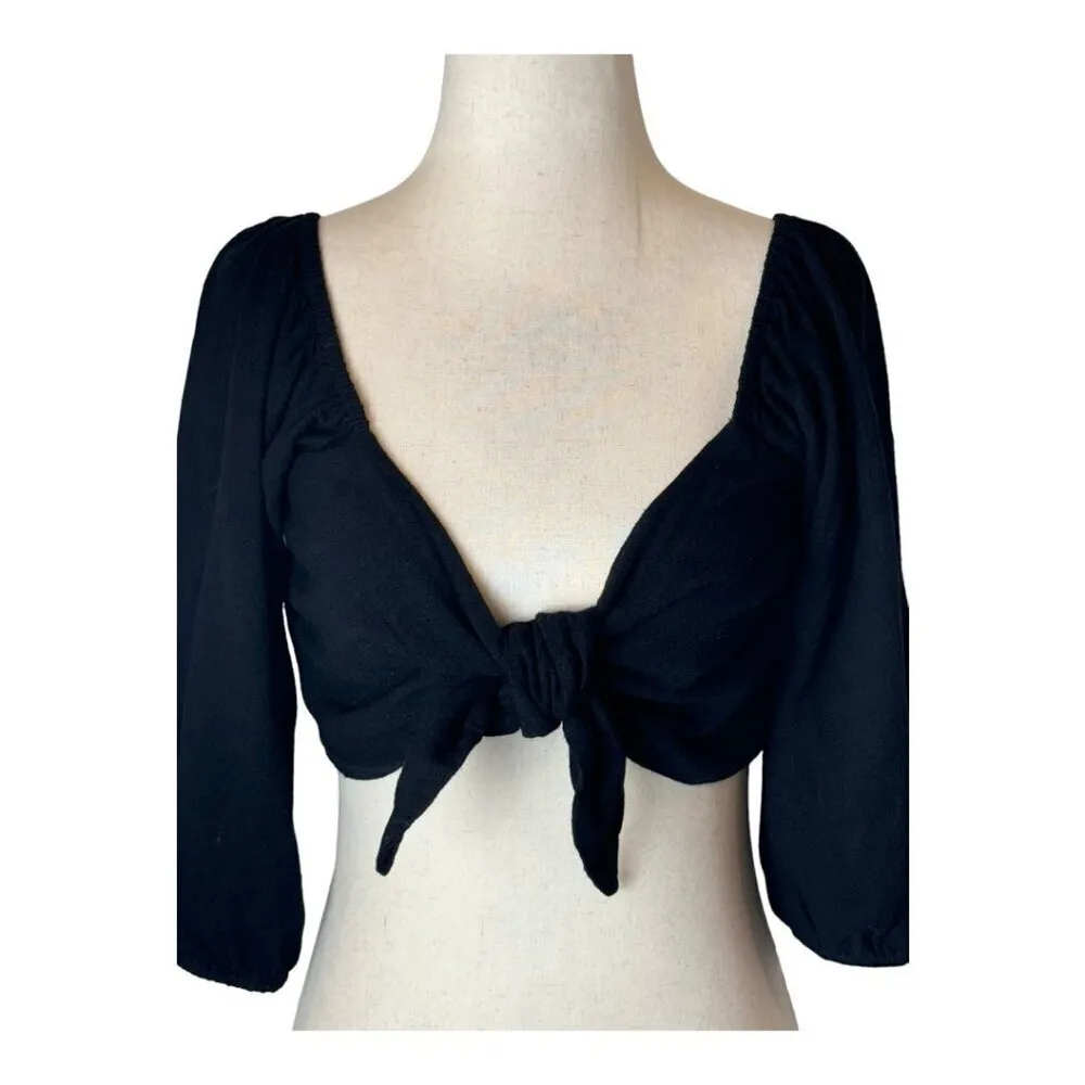 Show Me Your Mumu Shirt Women‎ Medium Black Linen Blend Cristina Crop Top Boho - Image 5