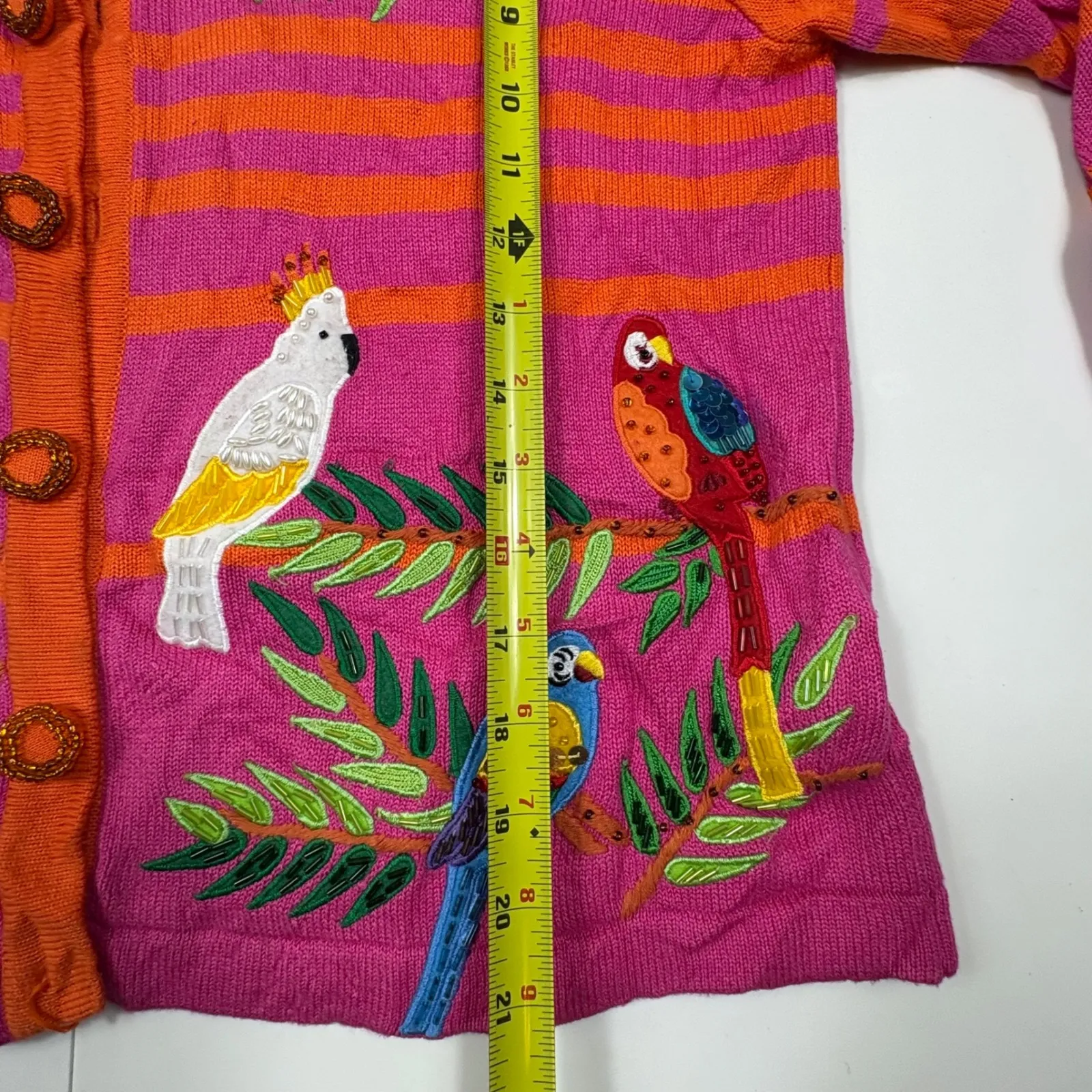 Just B Parrot Bird Tropical Embroidered Striped Cardigan Sweater Orange Pink M Size M - Image 15