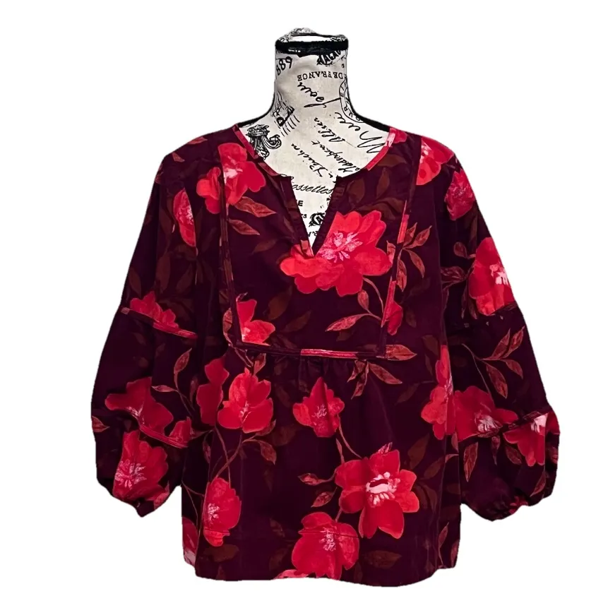 Sonoma Floral Corduroy Peasant Top Women’s PXL Burgundy Red Boho Coquette Hippie - Image 2