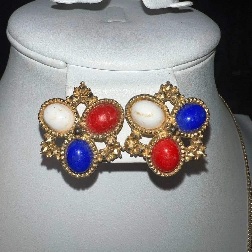 Sara Coventry Vintage Red Whit and Blue Gold Tone Necklace and Clip Earrings Set - Image 4