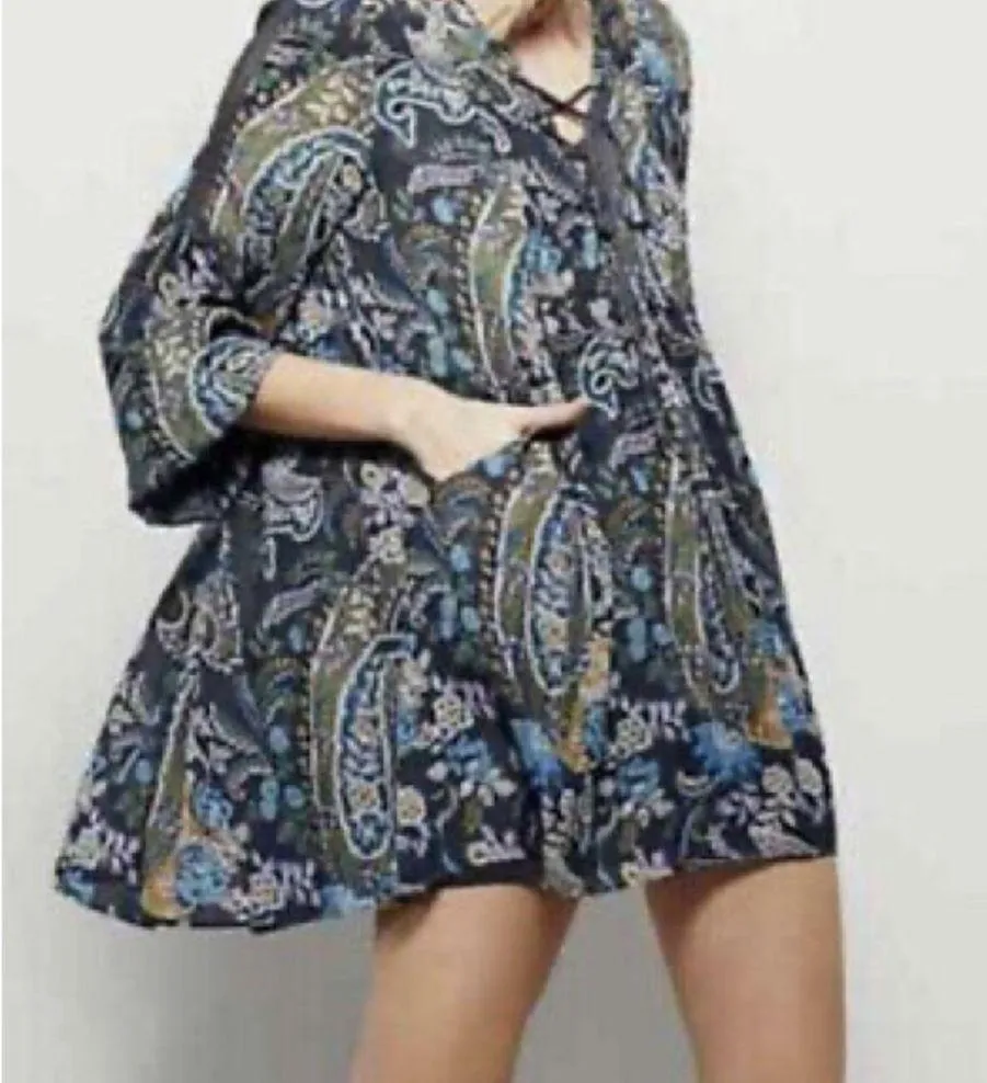 Free People Long Sleeve Dress Size S Green Gray Boho Paisley Peasant w Pockets - Image 2