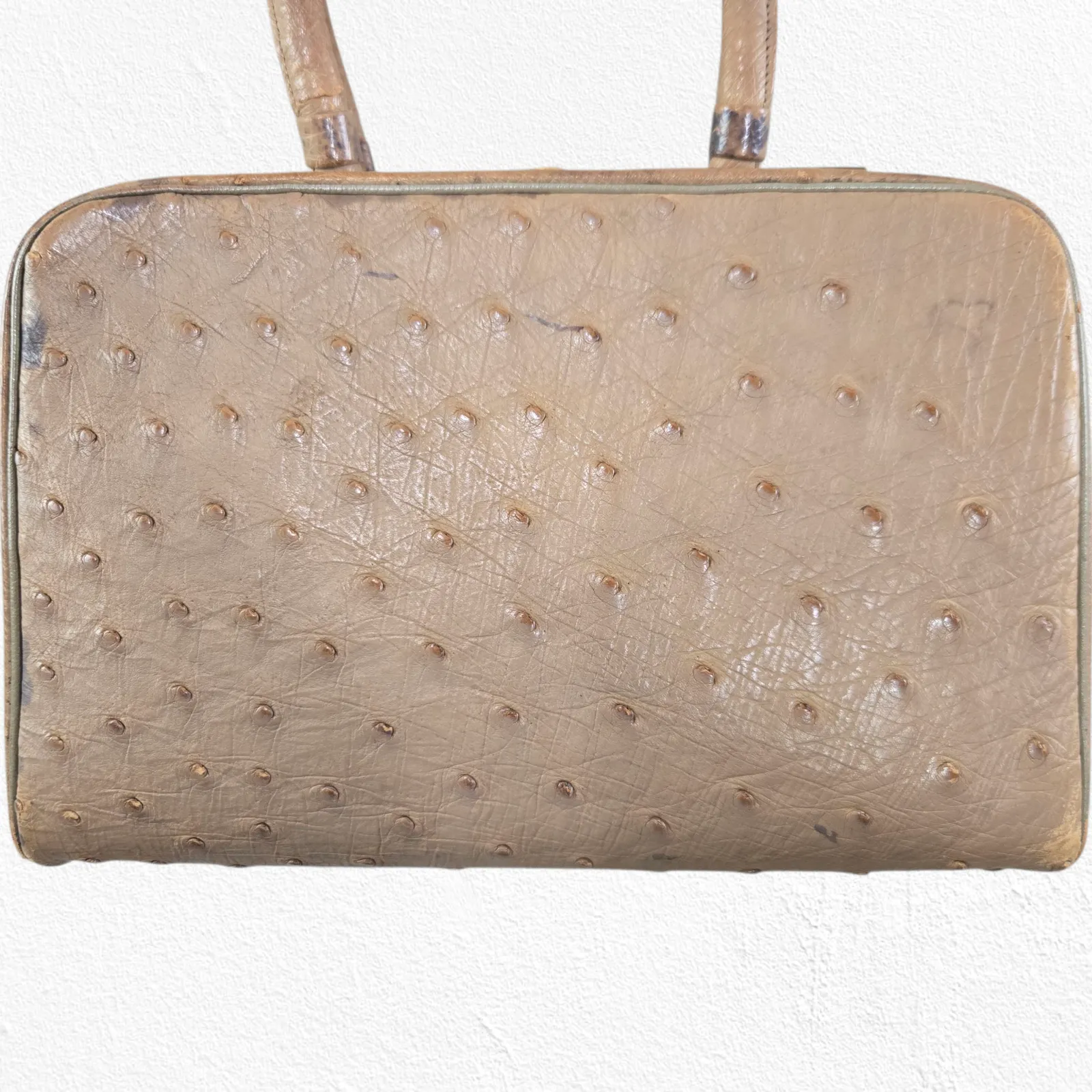 Vintage 50s Genuine Ostrich Leather Beige Top Handle Frame Bag with Coin Purse Tan - Image 2