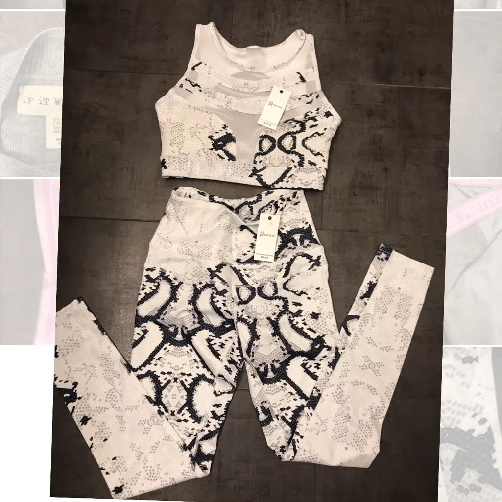 NWT LA SOCIETY YOGA SNAKE PRINT PADDED SET : LEGGINGS AND TOP S White - Image 5