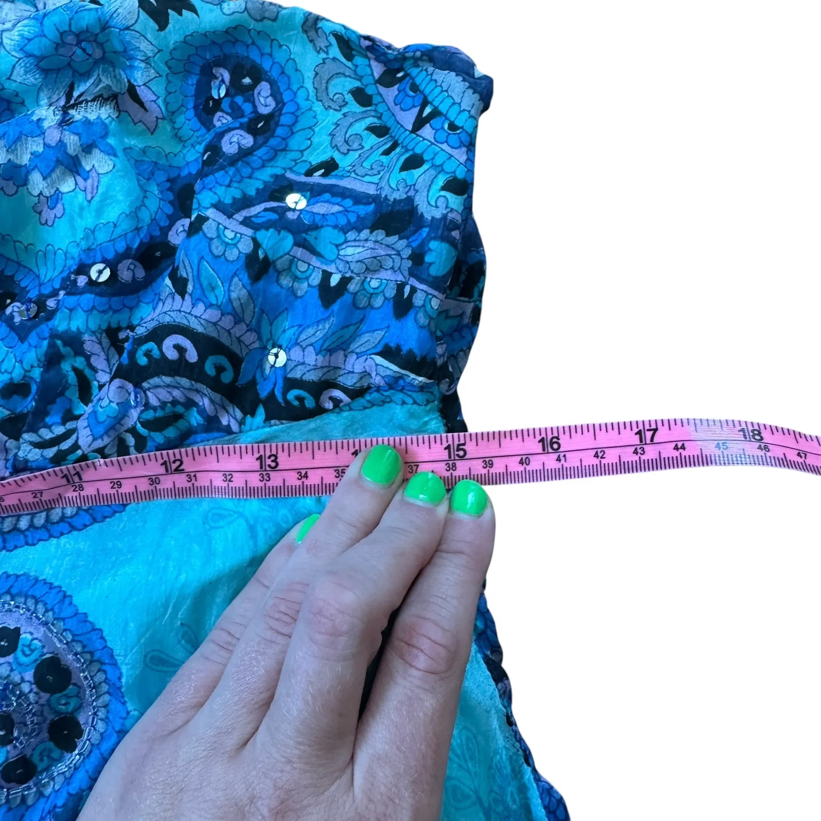 Le Chateau Vintage Silk Beaded Sequin Handkerchief Fairy Midi Dress Blue Size M - Image 10