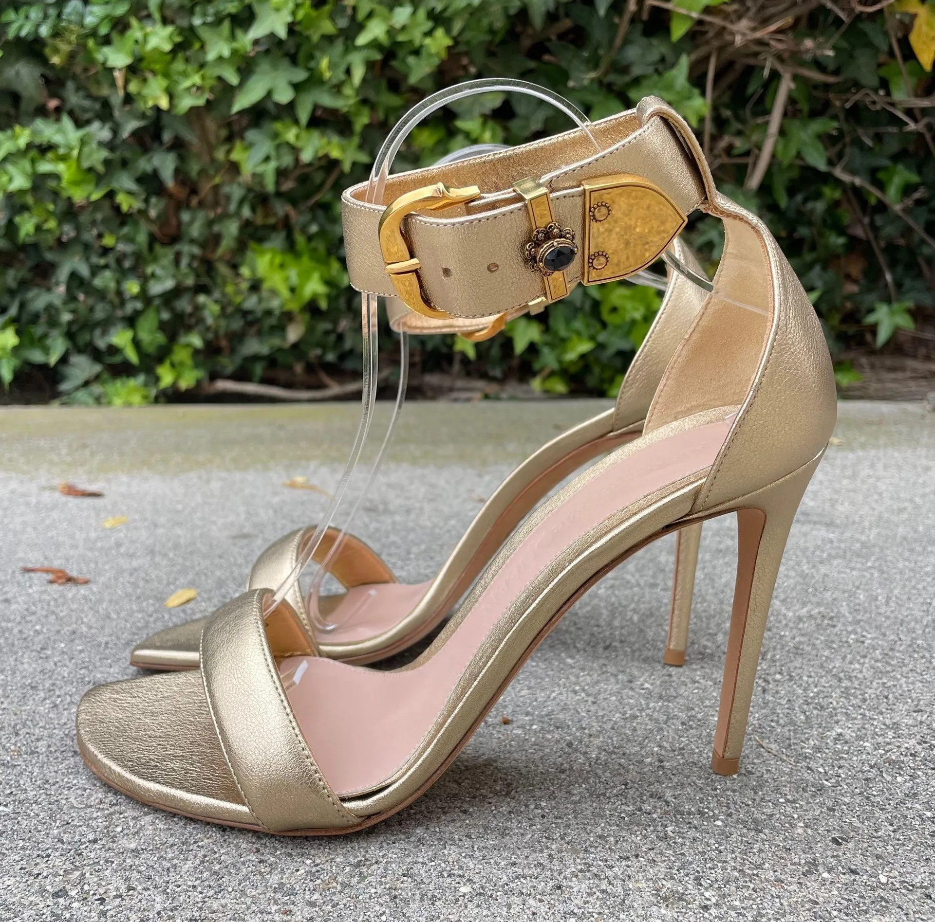 Alexander McQueen jeweled buckle gold leather high heel ankle strap sandal IT 40 - Image 5