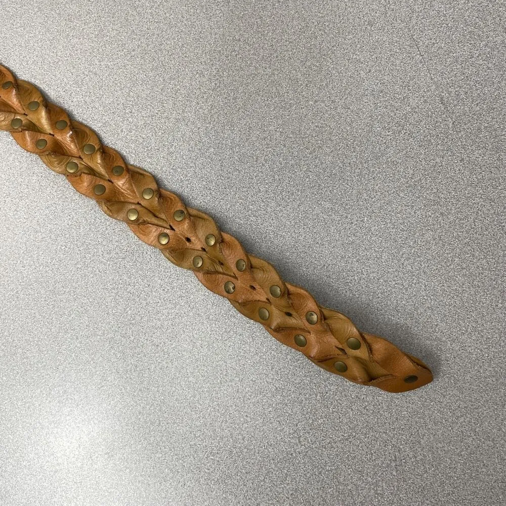 Tan Woven Leather Belt Studded Brass Boho Braided 1.5in Casual Womens Large Brown - Image 5