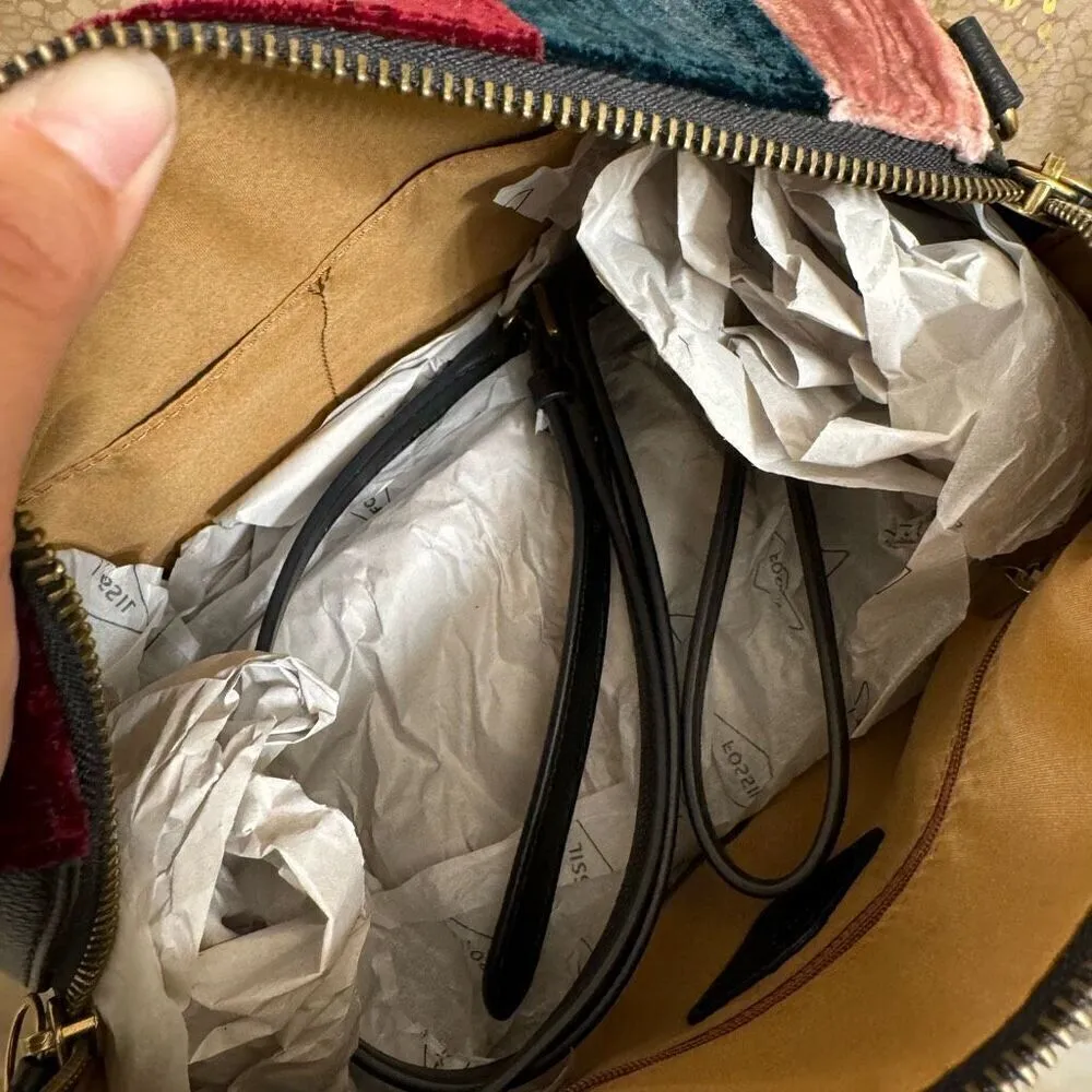 Fossil Sydney Satchel Velvet Patchwork Green Red Pink & Wallet NWT - Image 7