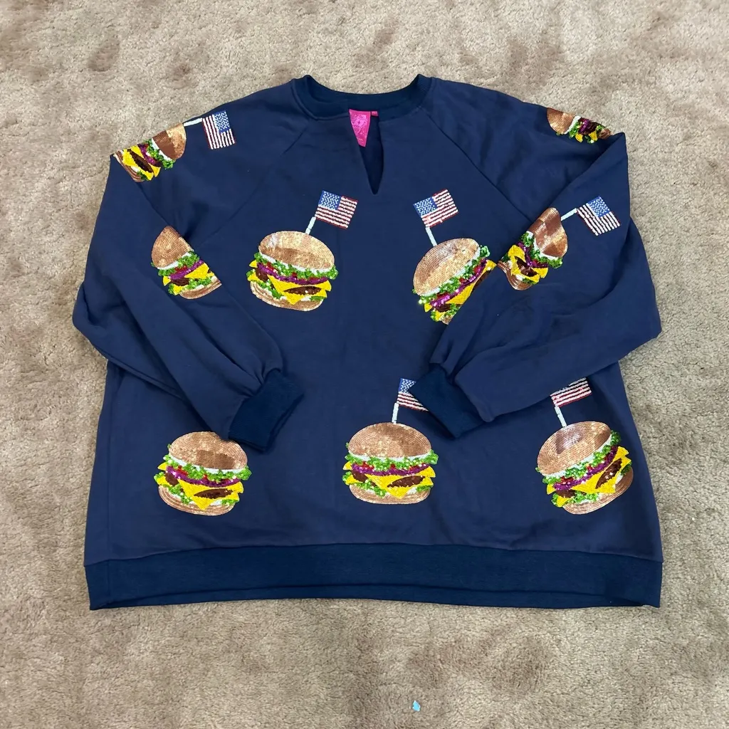 Queen of Sparkles Navy American Burger Fourth of July Sweatshirt XXL NWOT Blue - Image 3