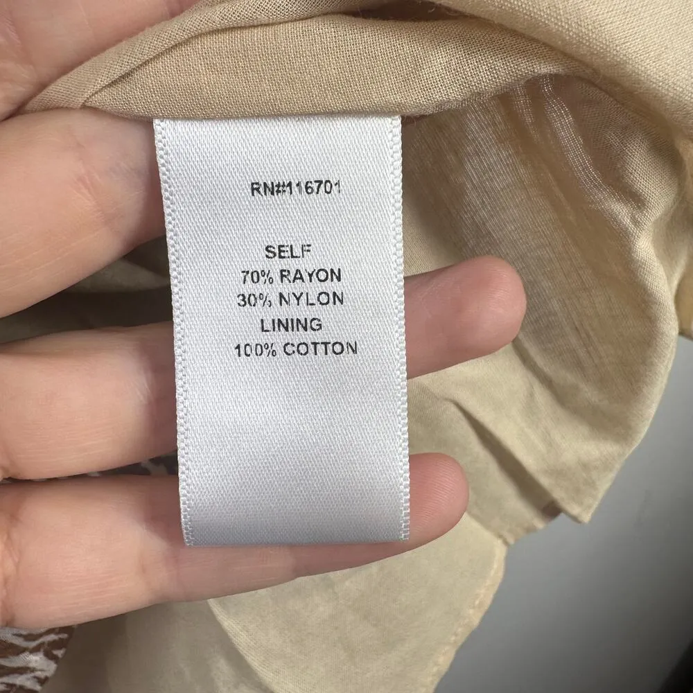 Karlie Top Women M Brown White Geometric Ruffle Shoulder Cotton Lined Peasant - Image 7