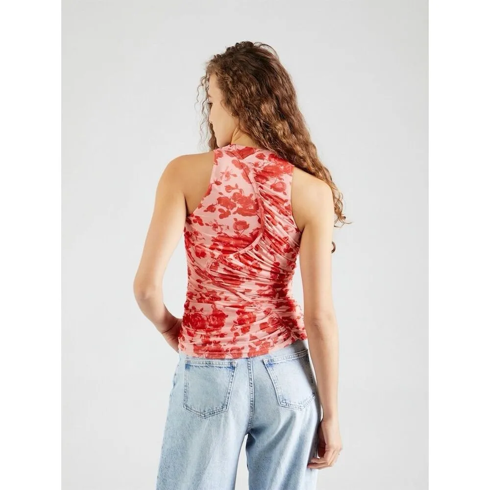 Bardot Women's Felicia Mesh Top Size 10 Red Floral Ruched Blouse - Image 6