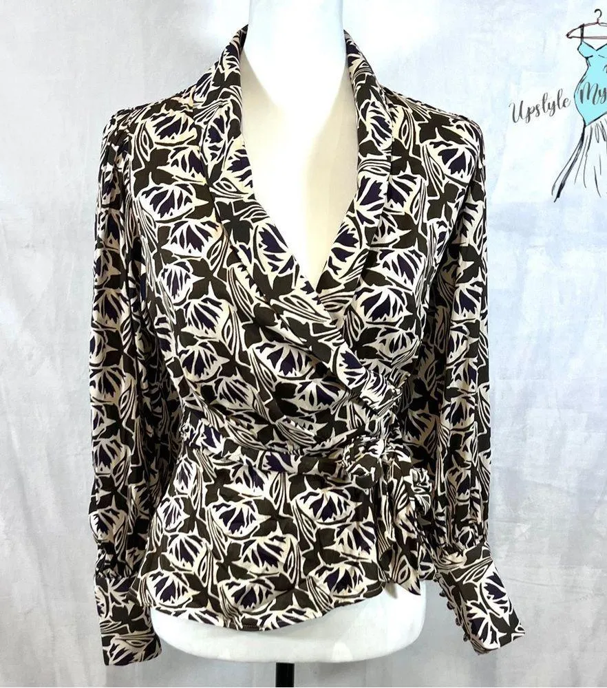 long sleeve satin ivory navy and olive green wrap top size XS - Image 2