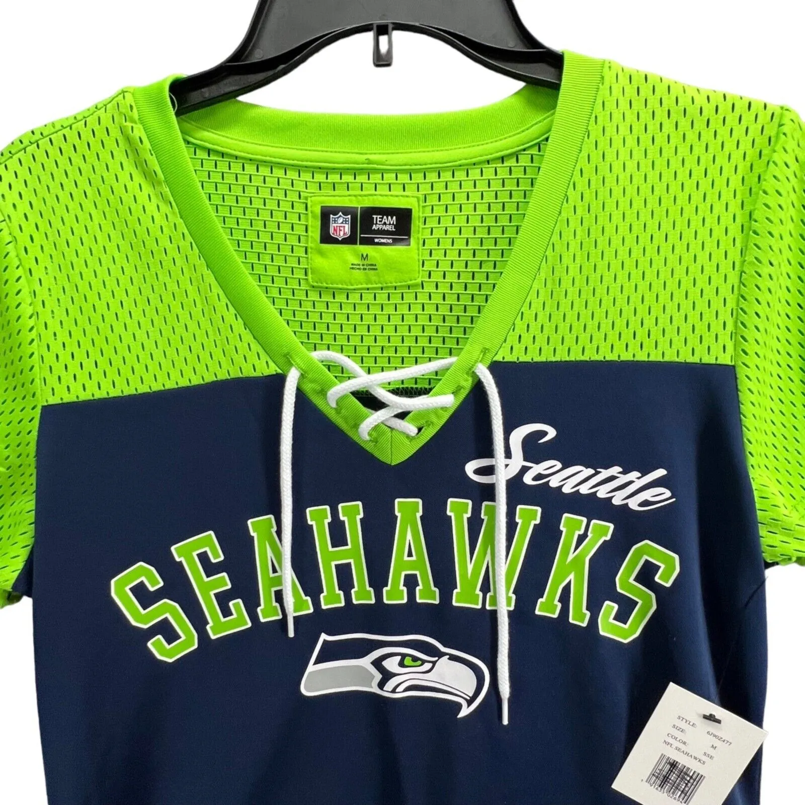 Seattle Seahawks NFL Shirt Womens M Blue Green Lace Up Team Apparel Top Football - Image 3