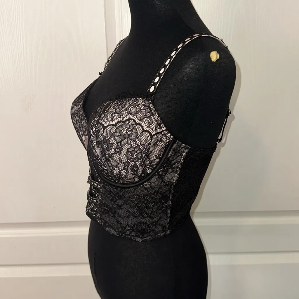VICTORIAS SECRET DREAM ANGELS BLACK LACE DD CORSET CAMI LACE MESH TOP - Image 2