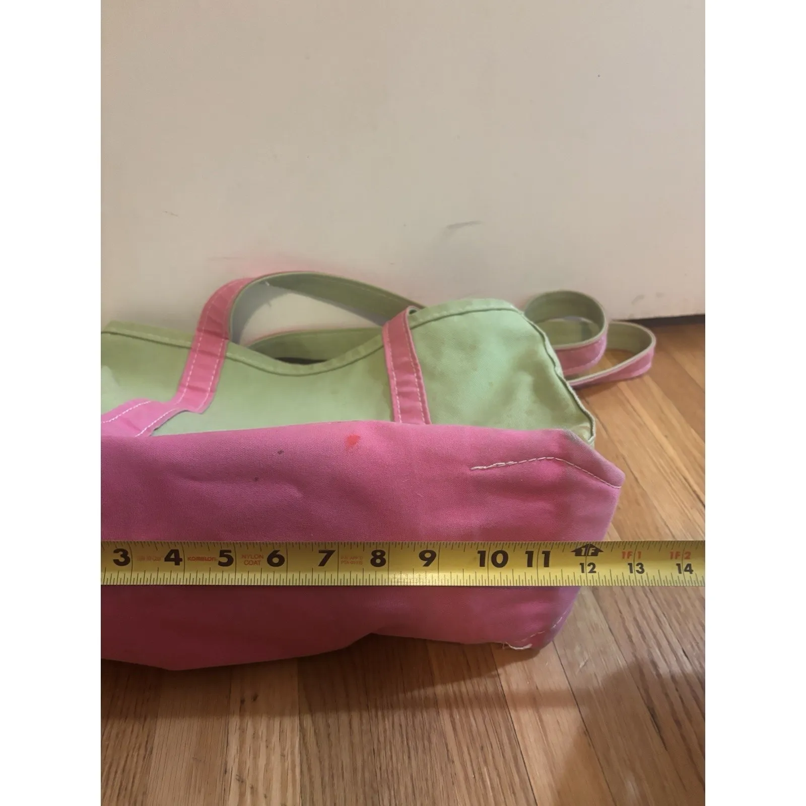 Vintage LL Bean Boat & Tote Bag USA Made Green Pink Long Straps - Image 7