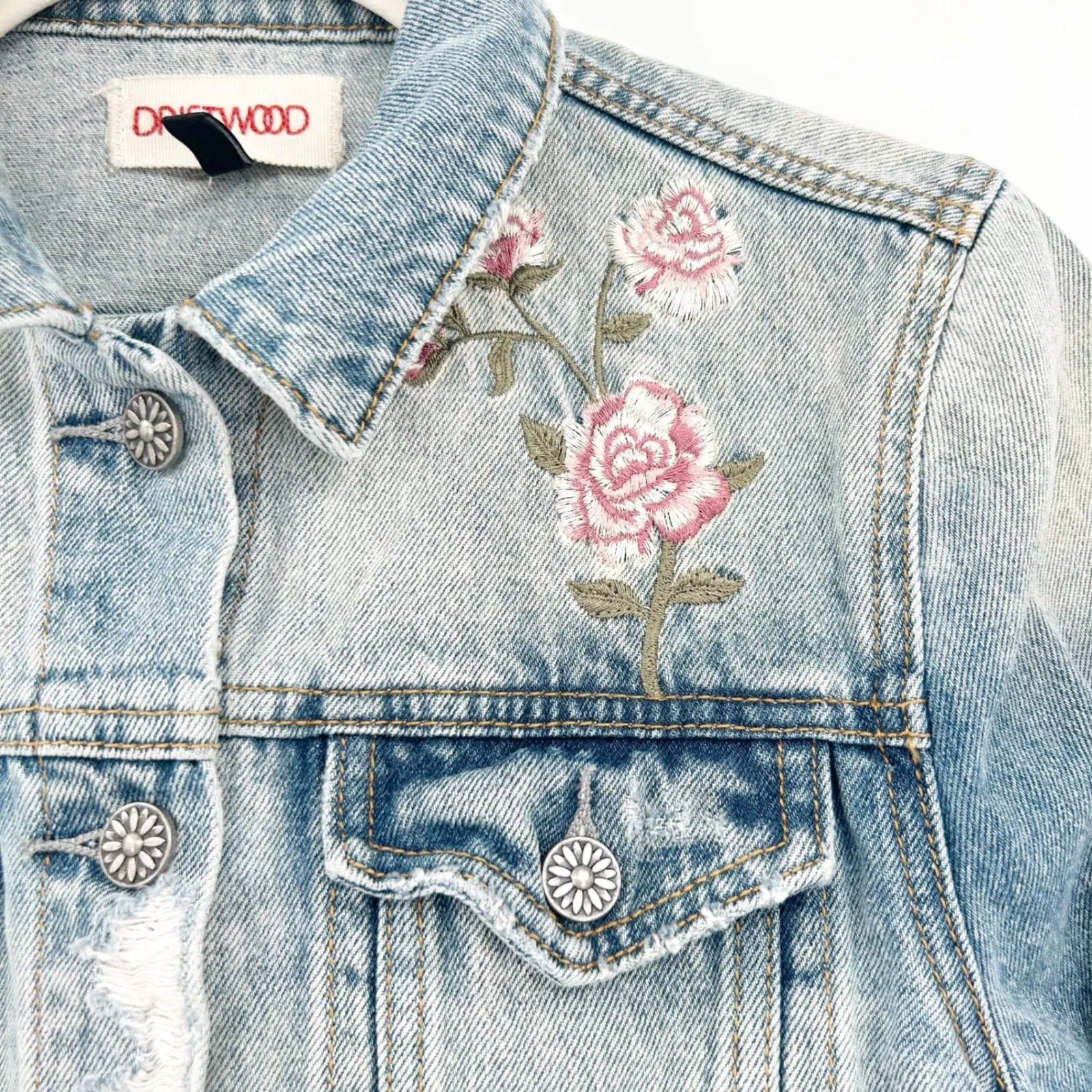 Driftwood Womens Western Rodeo Embroidered Skull Rose Trucker Denim Jacket XS - Image 3