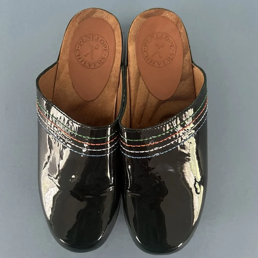 Penelope Chilvers Patent Leather Dark Green Stitched Clogs Size 6 - Image 8