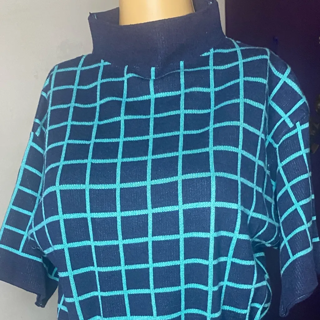 Vintage Christian Dior Paris Teal & Navy Blue Grid Print Knitted Top fits L/XL - Image 4