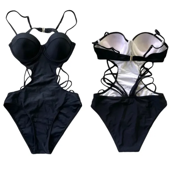 SHEIN Black Strap Back Padded Push Up One Piece Swimsuit Size Small NWT - Image 2