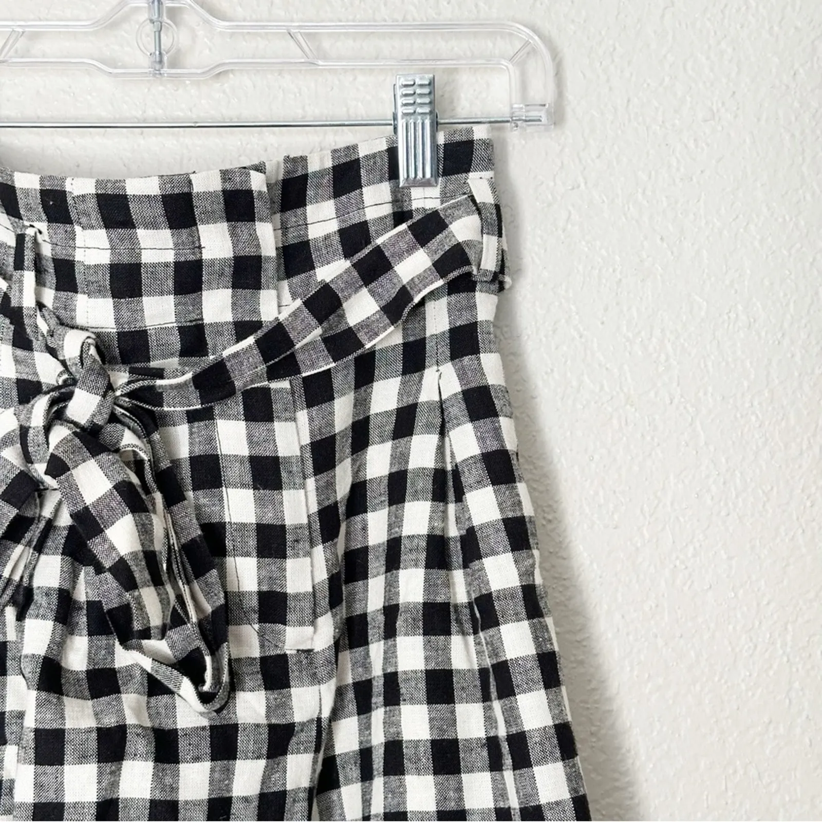 Zara Shorts Womens Black Gingham Linen Blend Pleated Tie Waist Preppy Blogger M‎ - Image 2