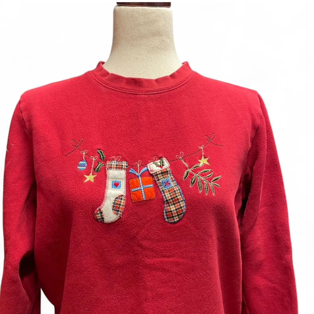 Womens Vintage Red Christmas Embroidered Crewneck Sweatshirt Size Medium - Image 2