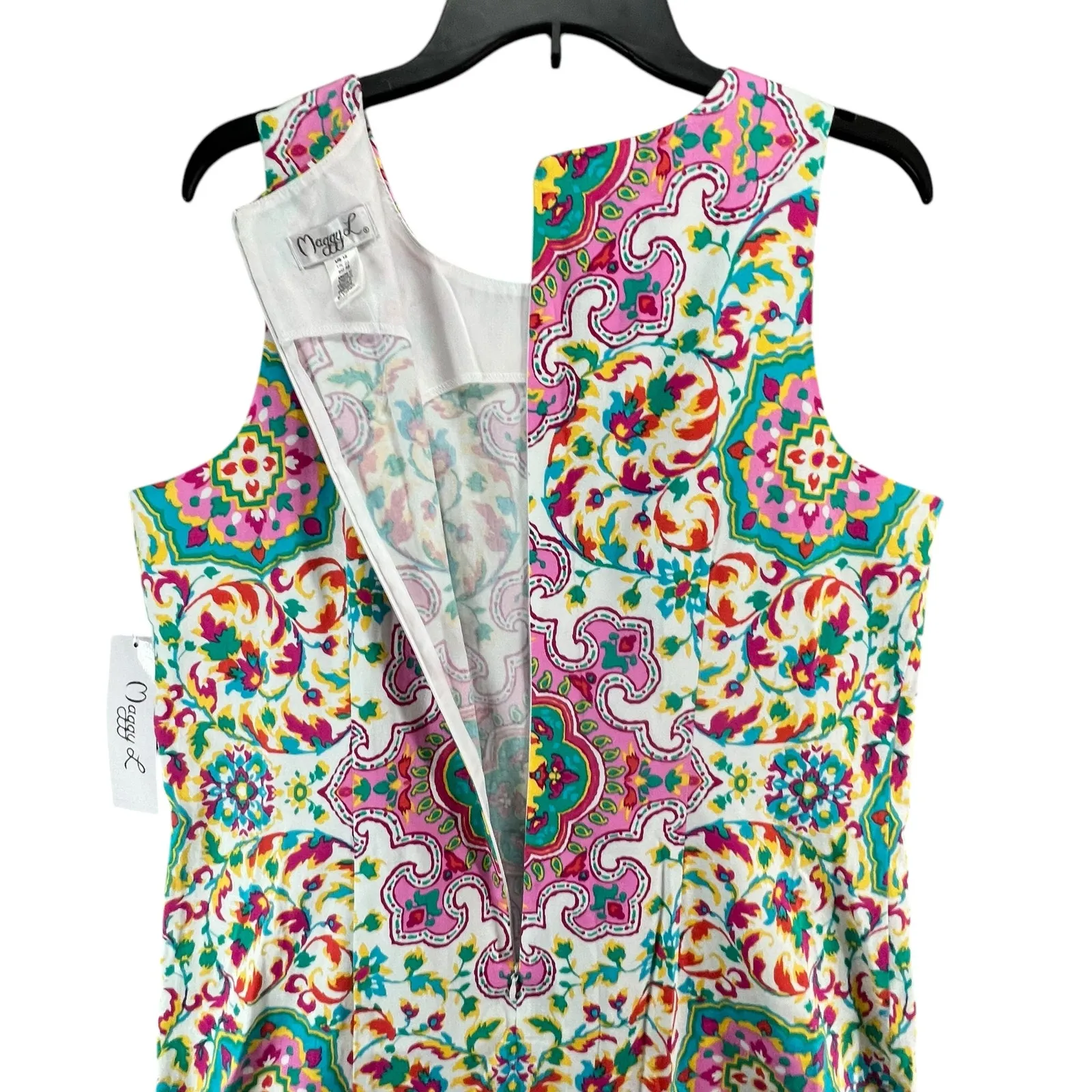 Maggy London Shift Dress 16 White Pink Floral Mandala Sleeveless Euro Summer NEW - Image 7