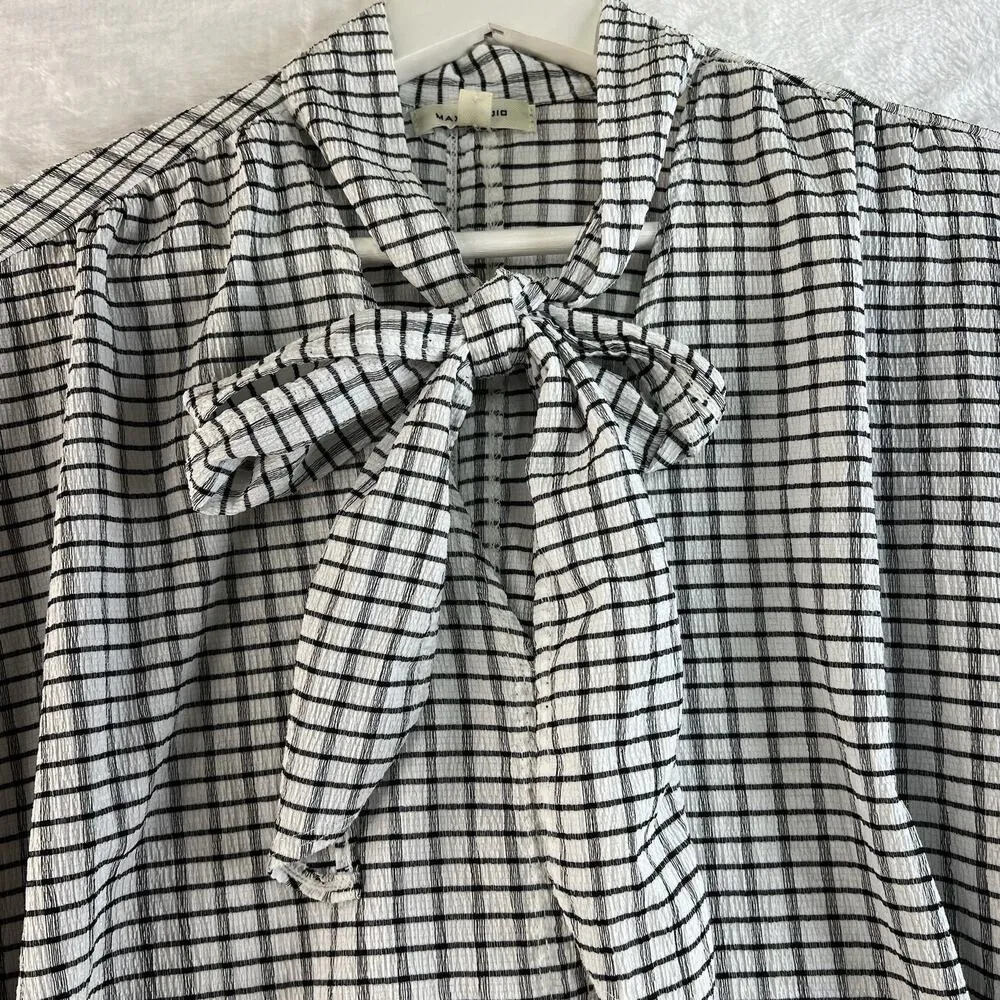 Max Studio 1X Top V-Neck Blouse Tie Neck Crepe White Black Plaid 3/4 Sleeve - Image 5