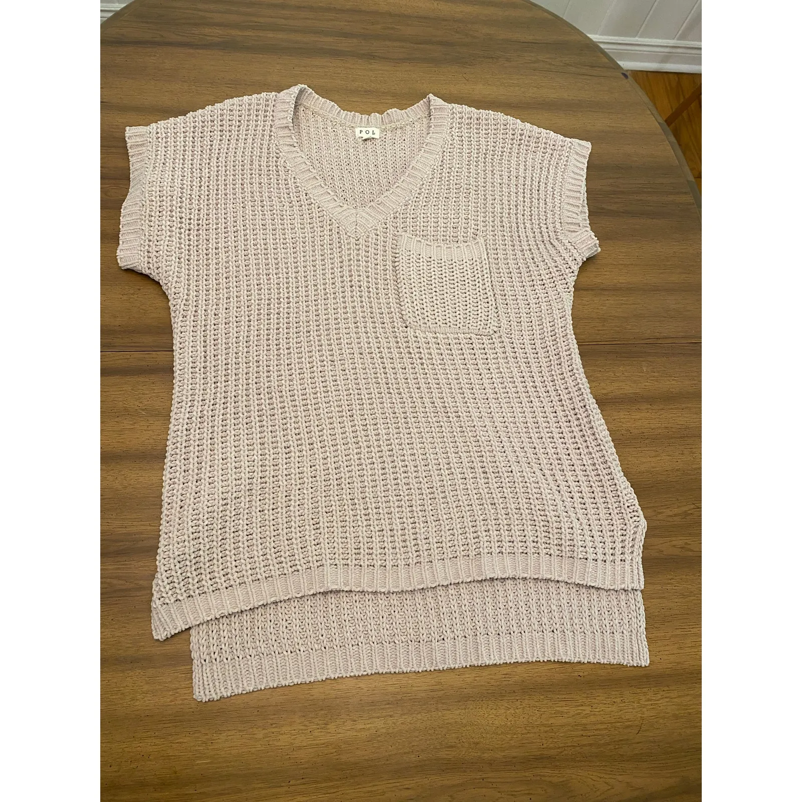 POL Short Sleeve High Low Chenille Sweater Vneck Side Slits Small Lagenlook‎ - Image 6