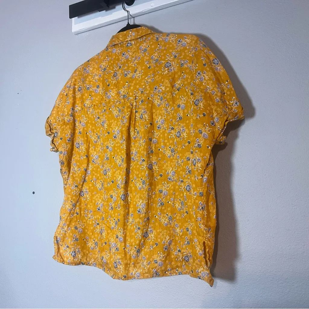 Rachel Zoe Button Up Blouse Short Sleeve Mustard Yellow Floral Linen Size Small - Image 6