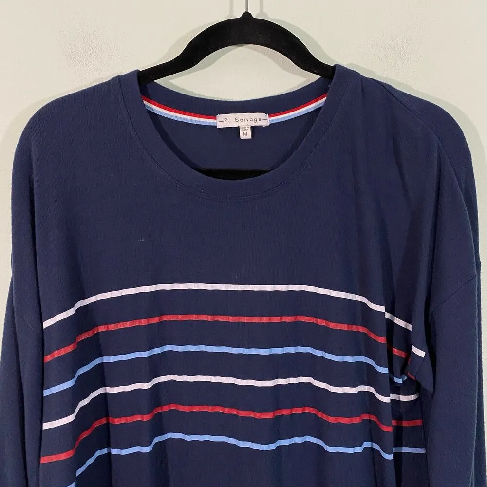 PJ Salvage Women's Navy Striped Pullover Sleep Top Size M - Image 2
