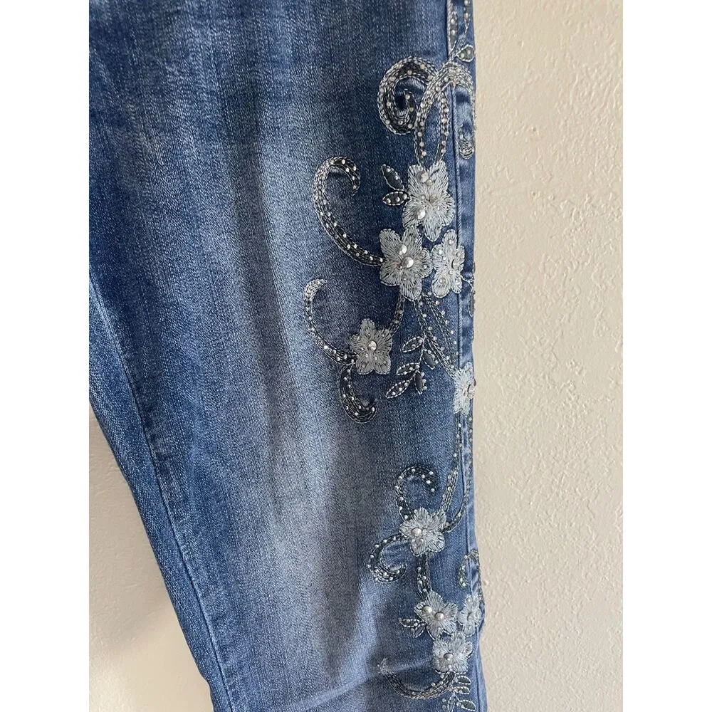 bebe Womens Low Rise Embroidered Studded Floral Skinny Jeans Y2K Embellished - Image 5