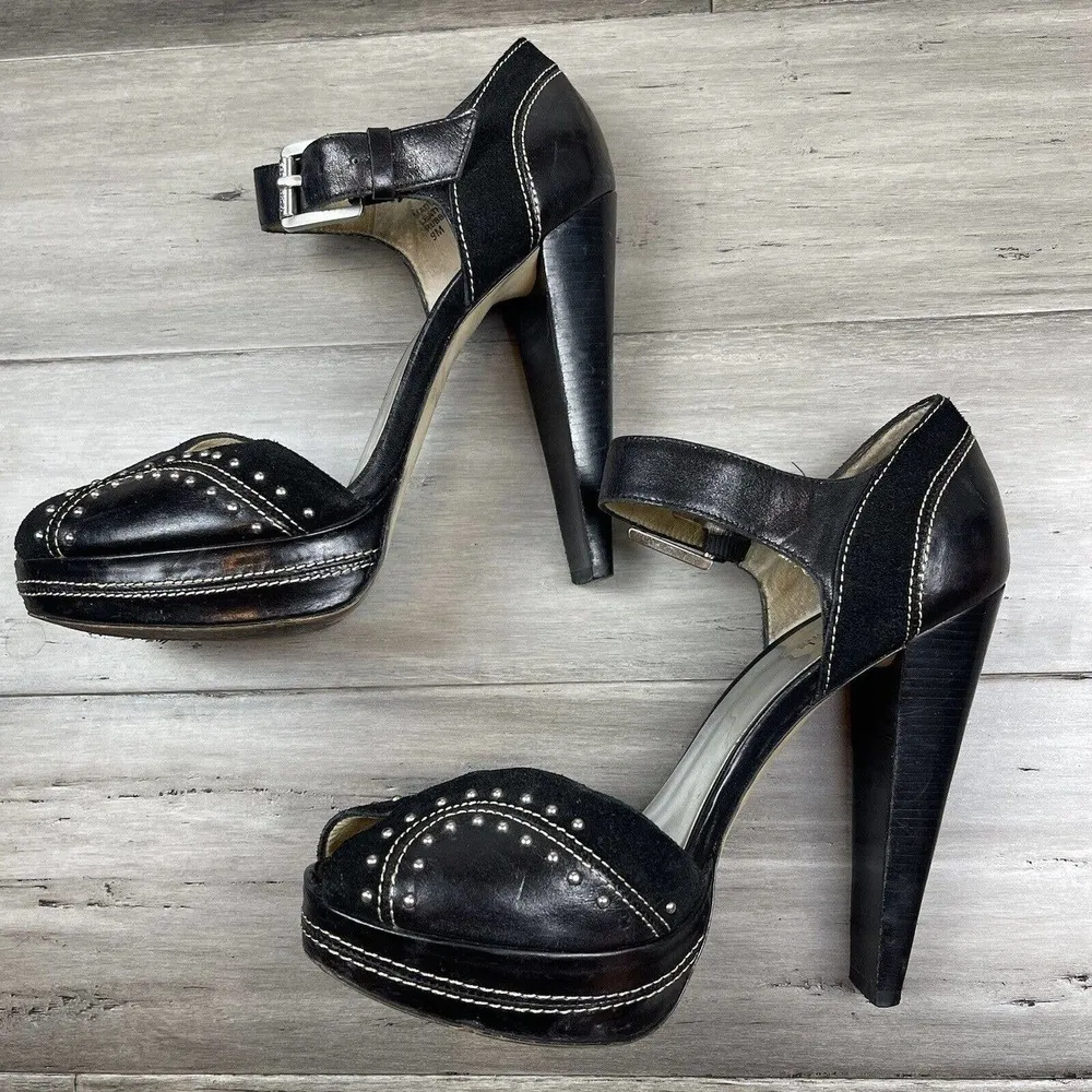 Michael Kors Astor Quarter Strap Heels Women's Black Silver Studs 9 - Image 3