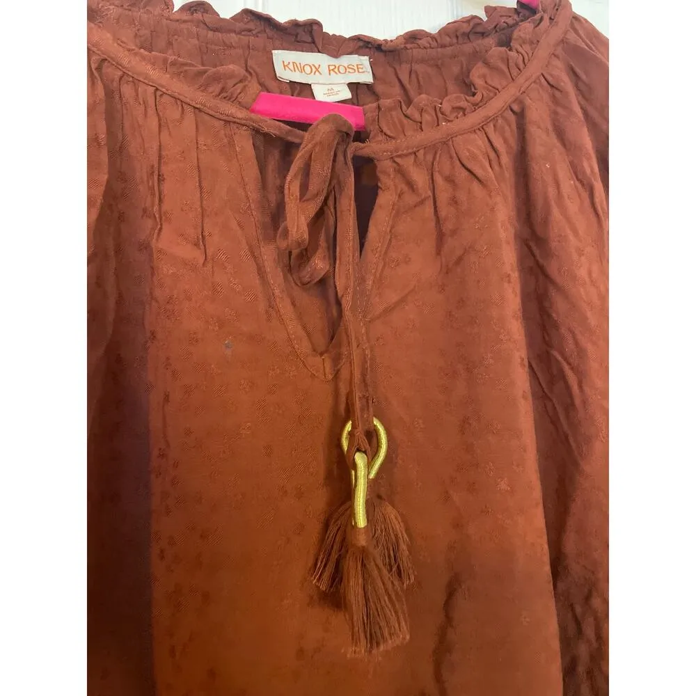 Knox Rose Peasant Shirt Ruffle Sleeve V-Neck with Ribbon Closure Rusty Brown Med - Image 3