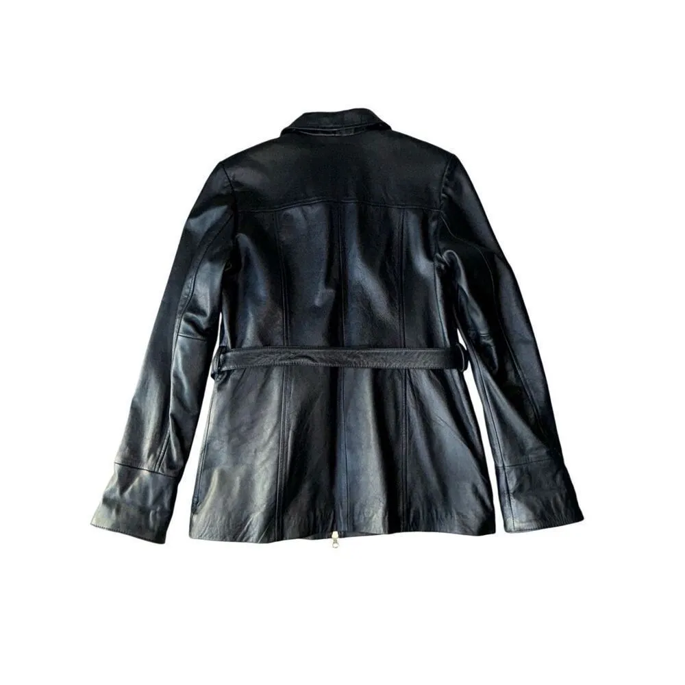 Wilsons Leather Black Long Belted 100% Genuine Leather Jacket - Image 7