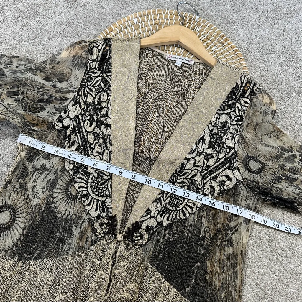 Spencer Alexis Vintage Silk Blend Kimono Top Floral Lace Embroidered Fairy L Tan Size L - Image 11