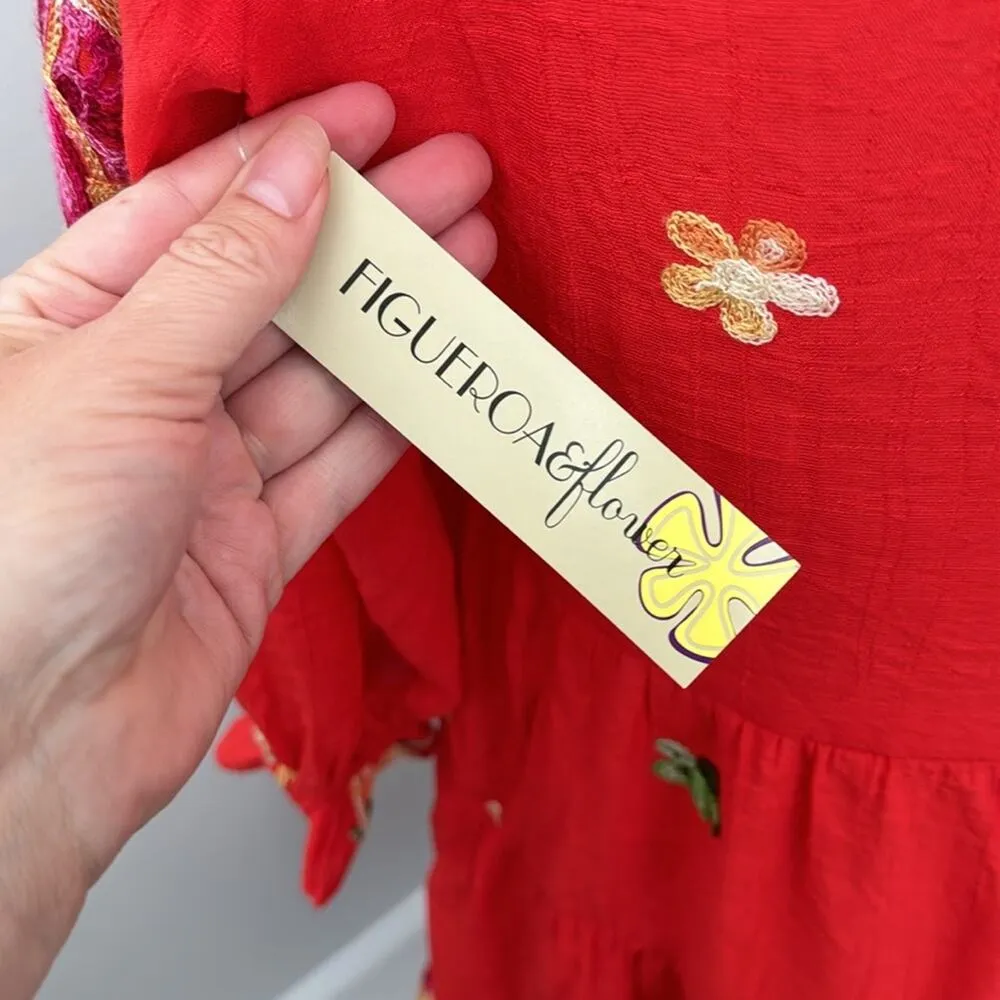 Figueroa & Flower Red Boho Embroidered Ruffle Floral Dress Womens Medium NWT - Image 7
